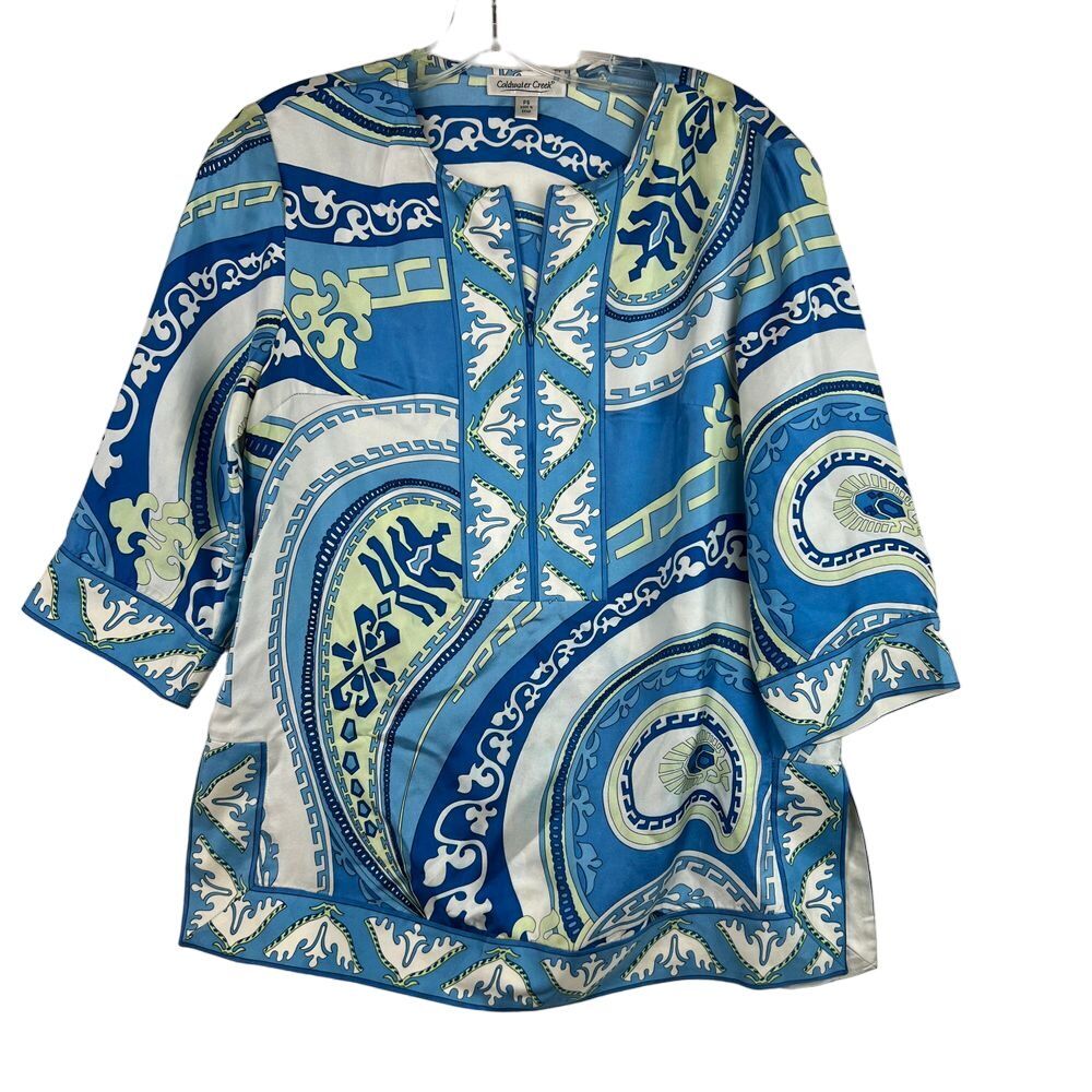 COLDWATER CREEK‎ 100% Silk Paisely Tunic Top V Neck Zipper Size Petite Small
